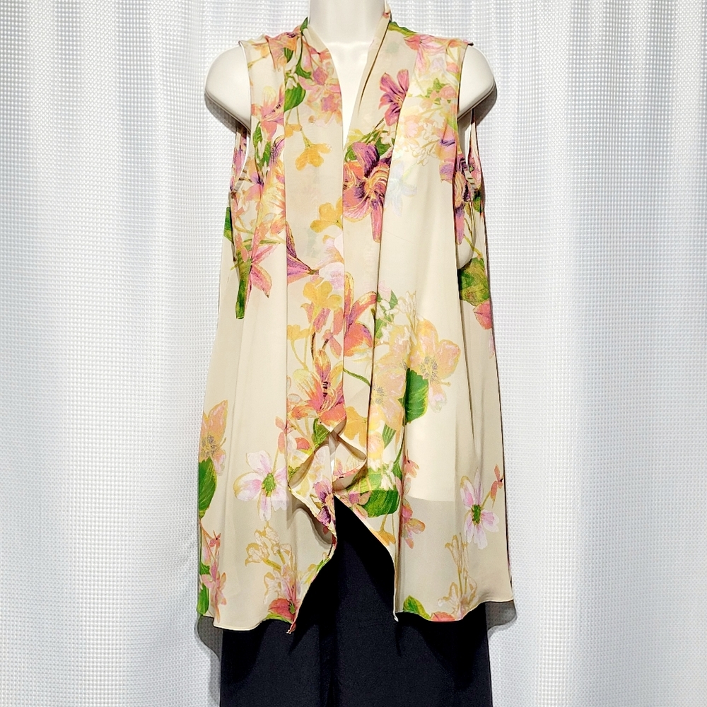 Susan Graver Cottagecore Floral Beige Sheer Kimono Duster Wrap Women's (S) - Picture 2 of 7